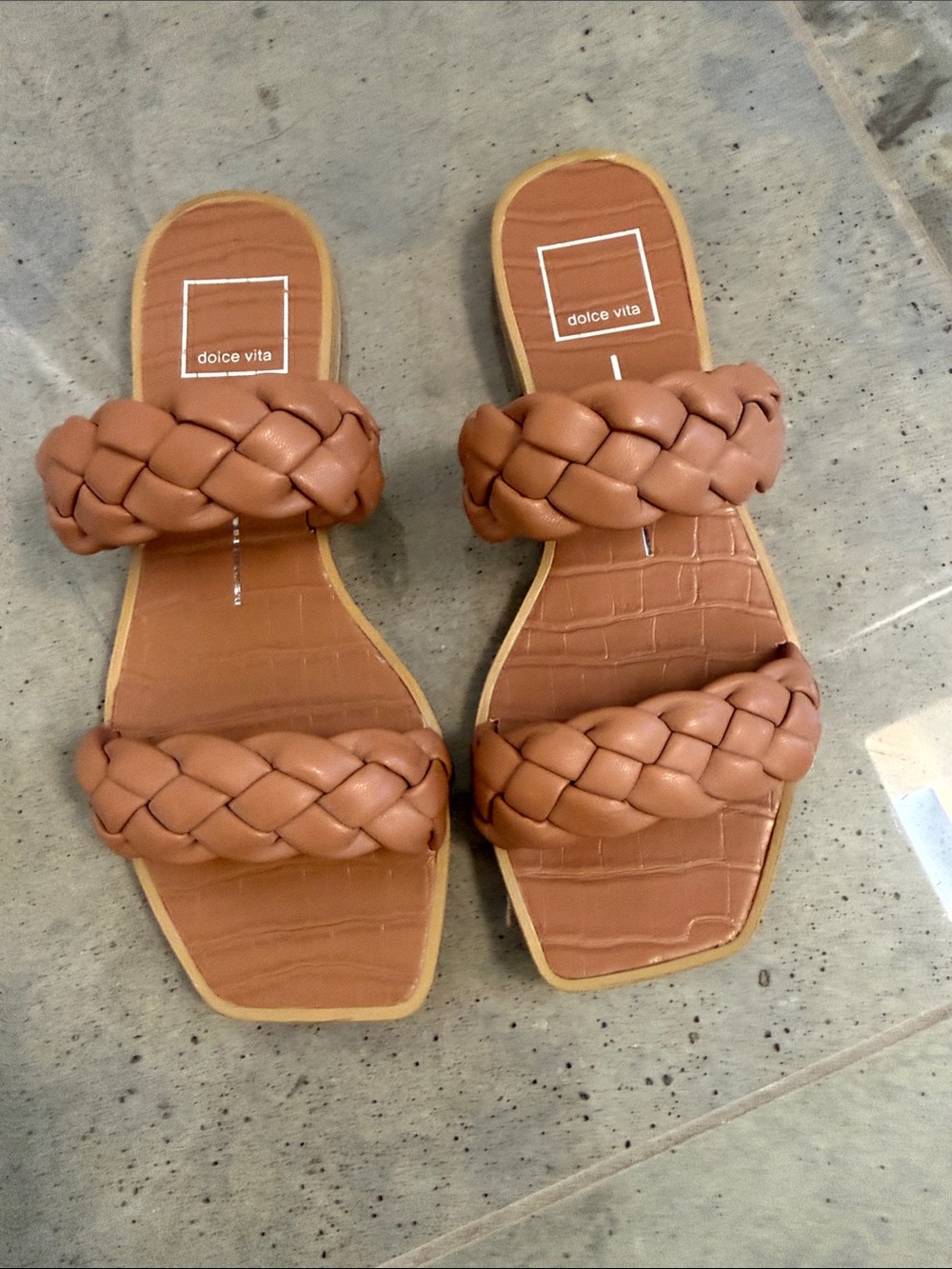 Dolce Vita Braided Two-Strap Slide Sandals in Cognac Brown